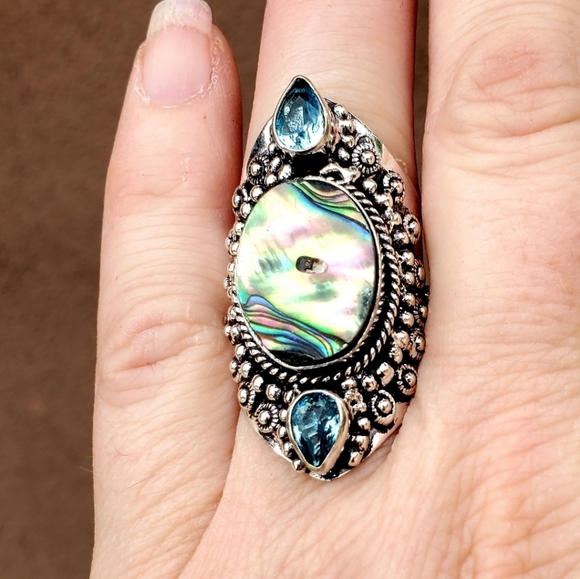 New Abalone Shell & Blue Topaz Silver Ring. - Picture 13 of 16